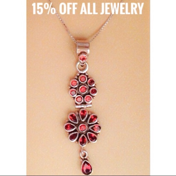 🆕 Stunning Genuine Garnet .925 Silver Flower Drop Long Necklace NWT